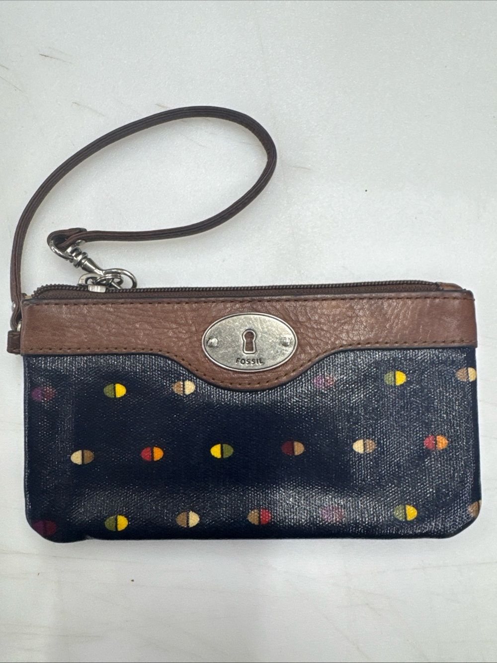FOSSIL Women Key-Per Coated Canvas Navy Blue Print Wristlet Clutch Leather Trim